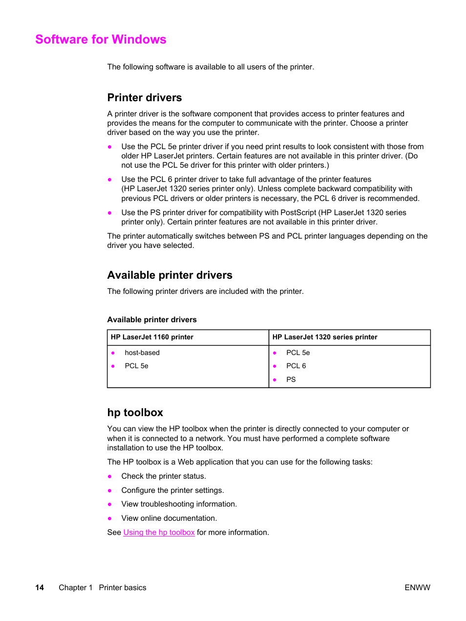 Software for windows, Printer drivers, Available printer drivers | Hp toolbox | HP LaserJet 1320 User Manual | Page 24 / 184