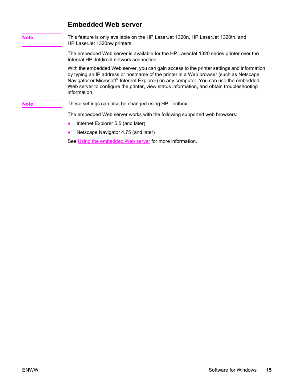 Embedded web server | HP LaserJet 1320 User Manual | Page 25 / 184