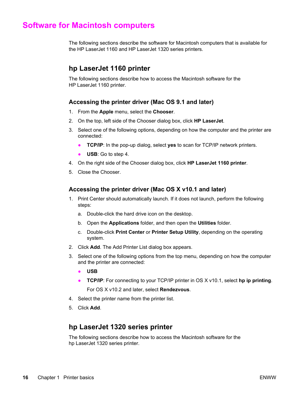 Software for macintosh computers, Hp laserjet 1160 printer, Hp laserjet 1320 series printer | HP LaserJet 1320 User Manual | Page 26 / 184