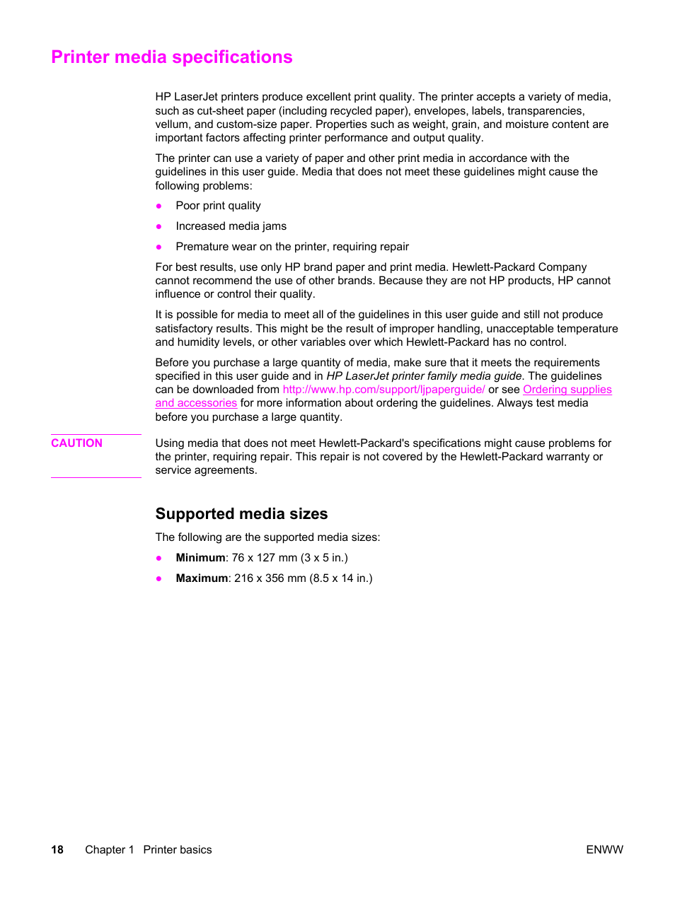 Printer media specifications, Supported media sizes | HP LaserJet 1320 User Manual | Page 28 / 184