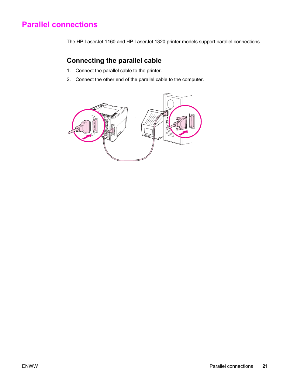 Parallel connections, Connecting the parallel cable | HP LaserJet 1320 User Manual | Page 31 / 184