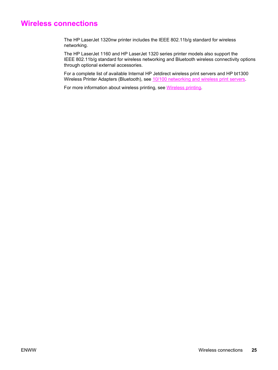 Wireless connections | HP LaserJet 1320 User Manual | Page 35 / 184