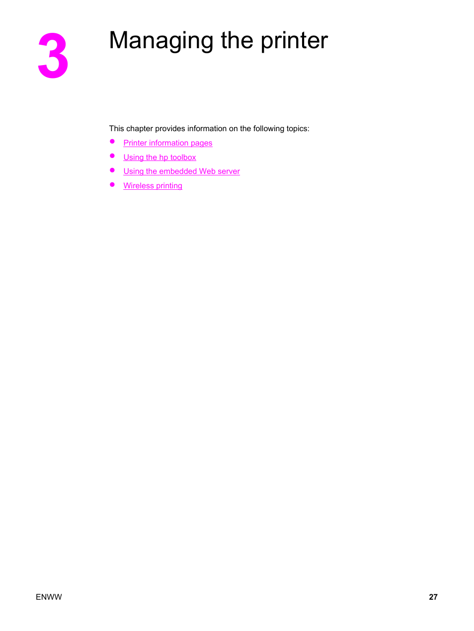 Managing the printer, 3 managing the printer | HP LaserJet 1320 User Manual | Page 37 / 184