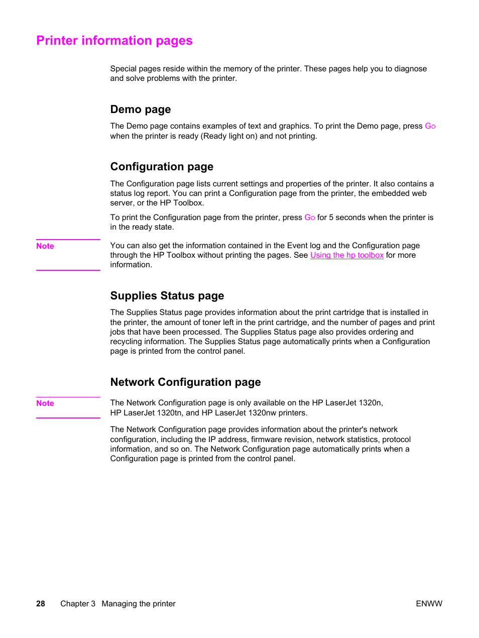 Printer information pages, Demo page, Configuration page | Supplies status page, Network configuration page | HP LaserJet 1320 User Manual | Page 38 / 184
