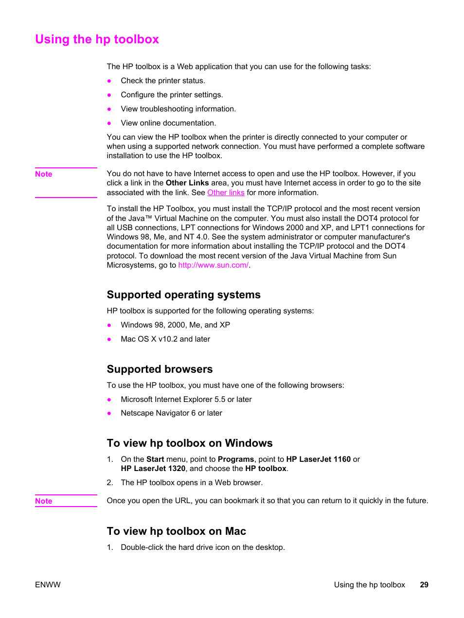 Using the hp toolbox, Supported operating systems, Supported browsers | To view hp toolbox on windows, To view hp toolbox on mac | HP LaserJet 1320 User Manual | Page 39 / 184