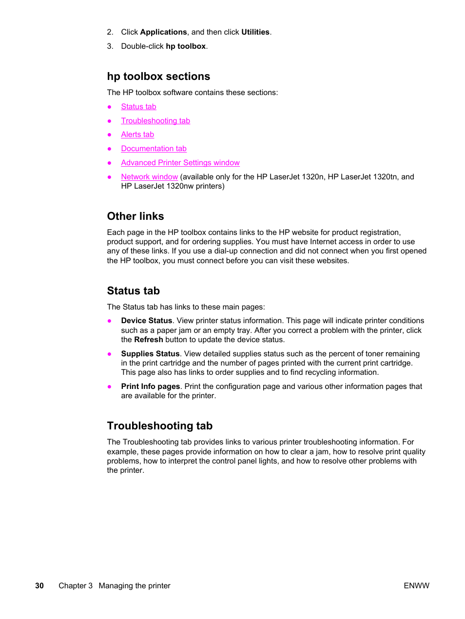 Hp toolbox sections, Other links, Status tab | Troubleshooting tab | HP LaserJet 1320 User Manual | Page 40 / 184