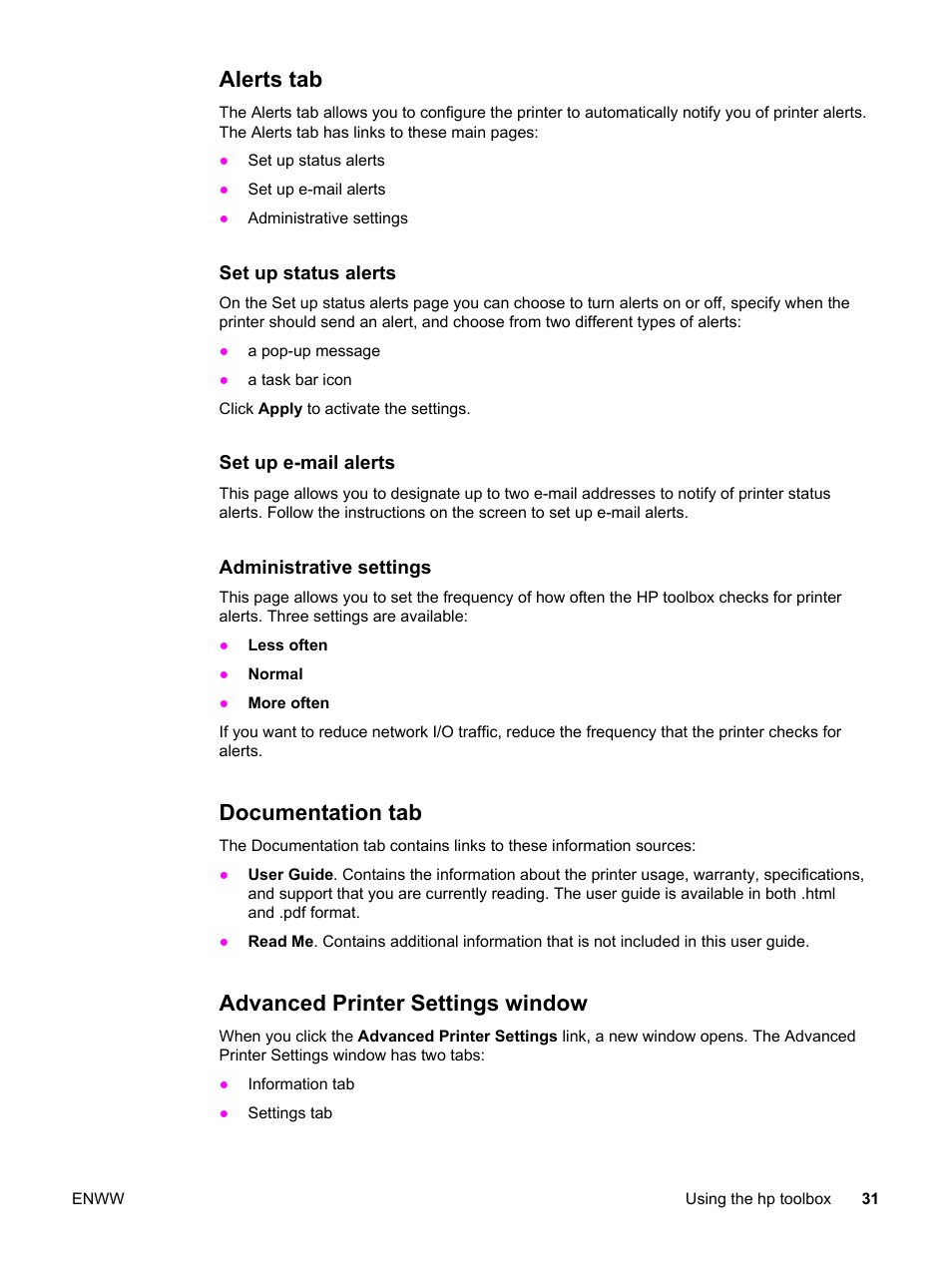 Alerts tab, Documentation tab, Advanced printer settings window | HP LaserJet 1320 User Manual | Page 41 / 184