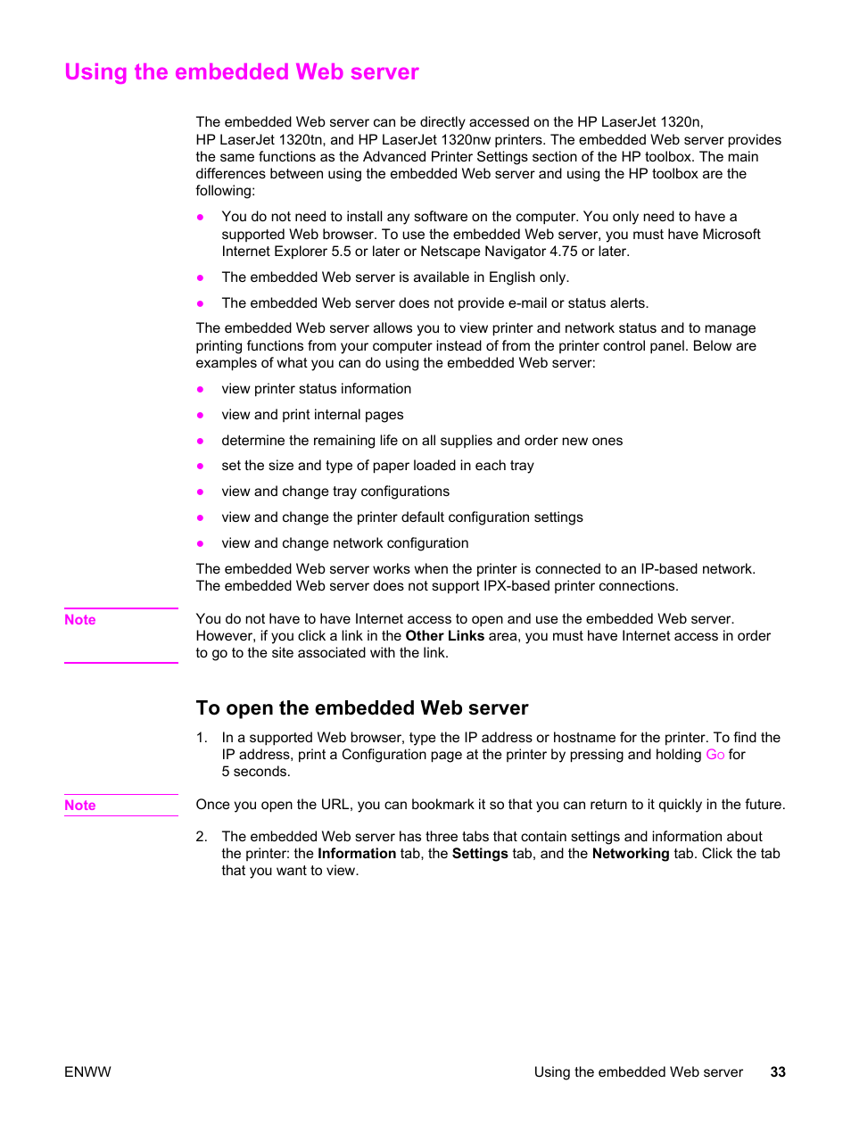 Using the embedded web server, To open the embedded web server | HP LaserJet 1320 User Manual | Page 43 / 184