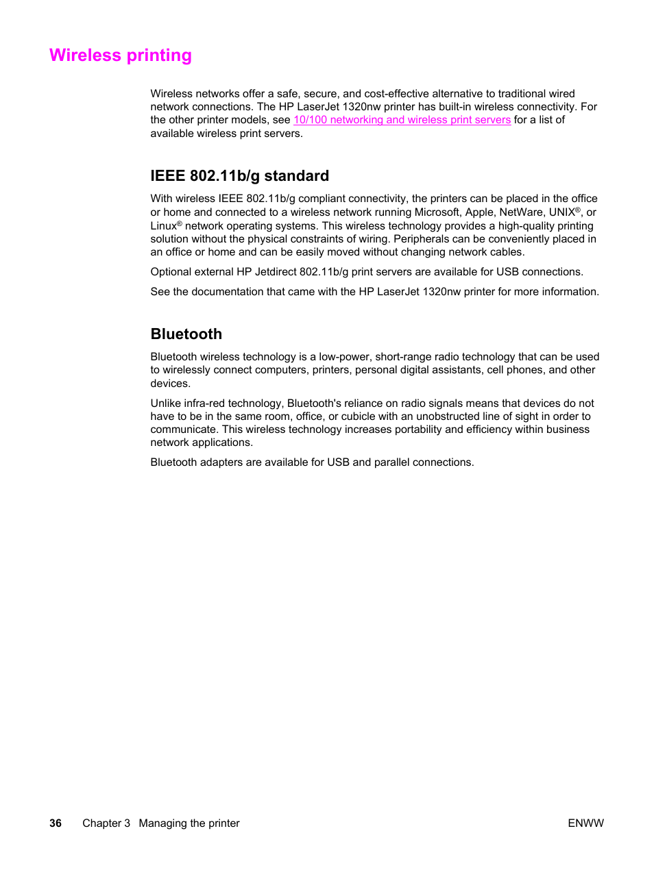 Wireless printing, Ieee 802.11b/g standard, Bluetooth | Ieee 802.11b/g standard bluetooth | HP LaserJet 1320 User Manual | Page 46 / 184