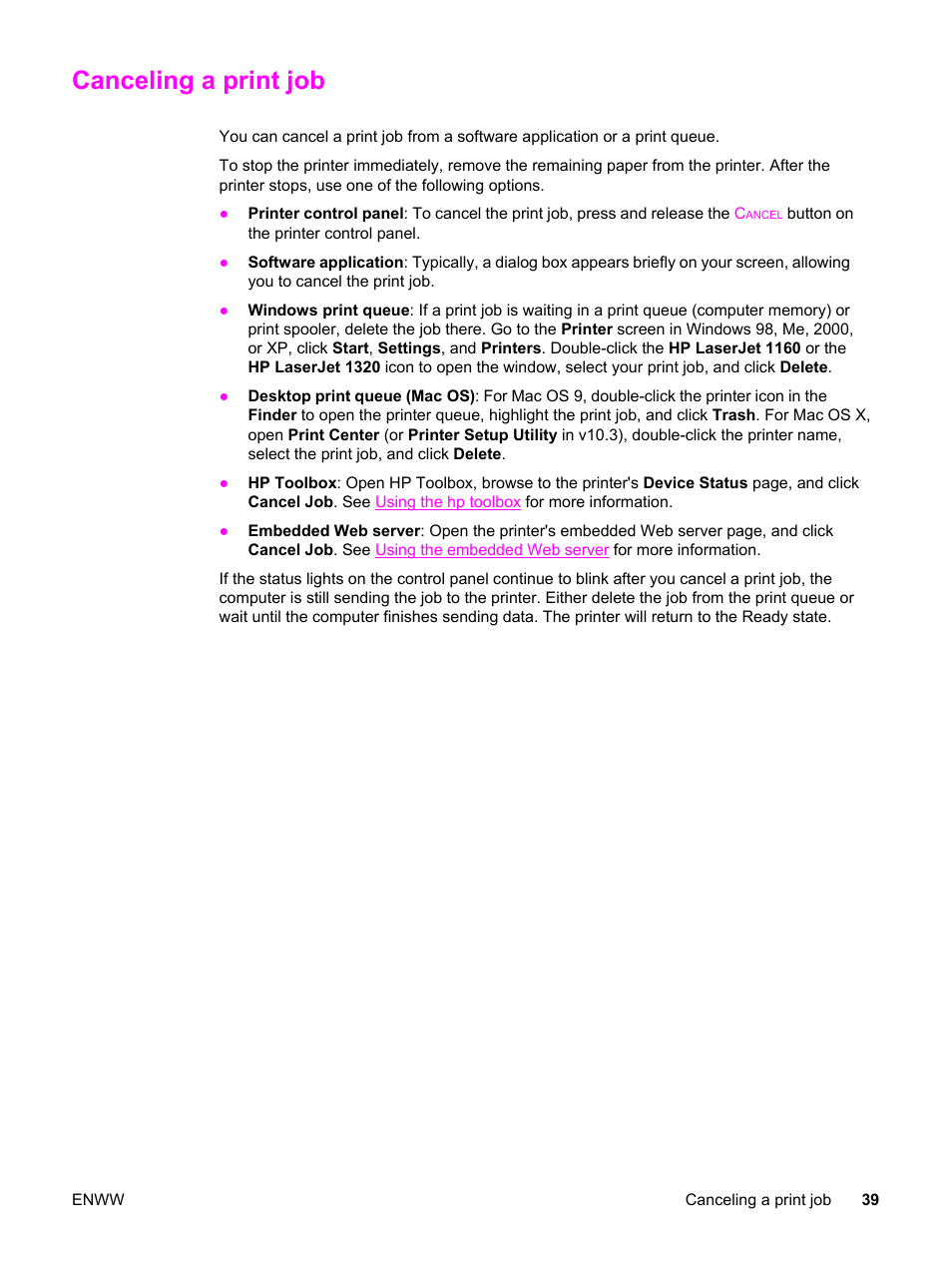 Canceling a print job | HP LaserJet 1320 User Manual | Page 49 / 184