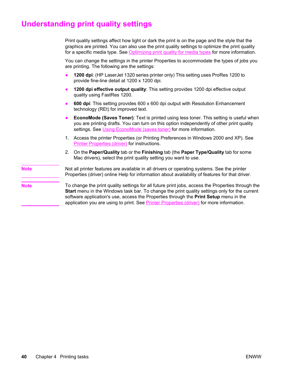 Understanding print quality settings | HP LaserJet 1320 User Manual | Page 50 / 184