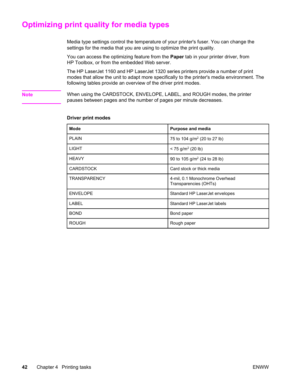 Optimizing print quality for media types | HP LaserJet 1320 User Manual | Page 52 / 184