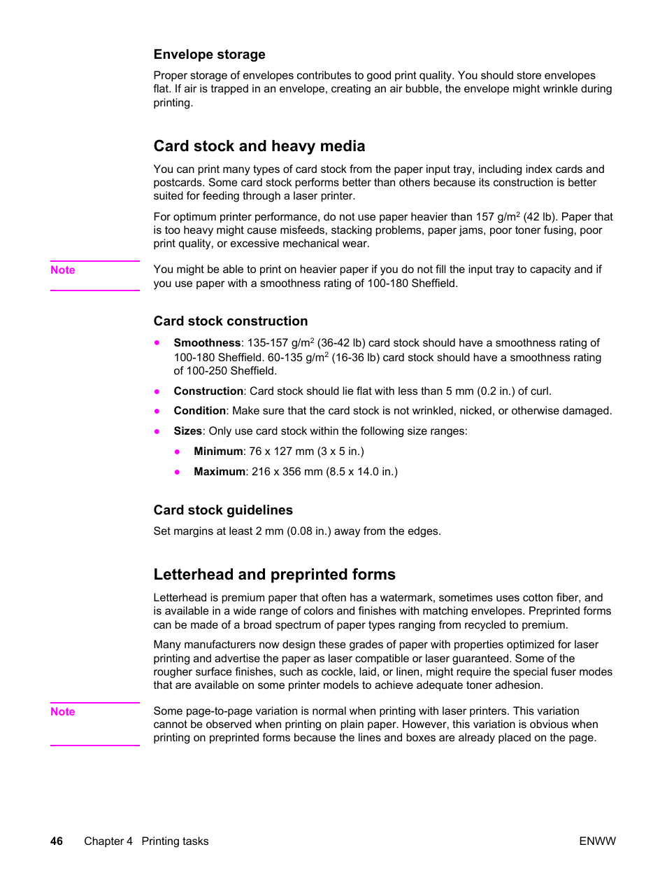 Card stock and heavy media, Letterhead and preprinted forms | HP LaserJet 1320 User Manual | Page 56 / 184