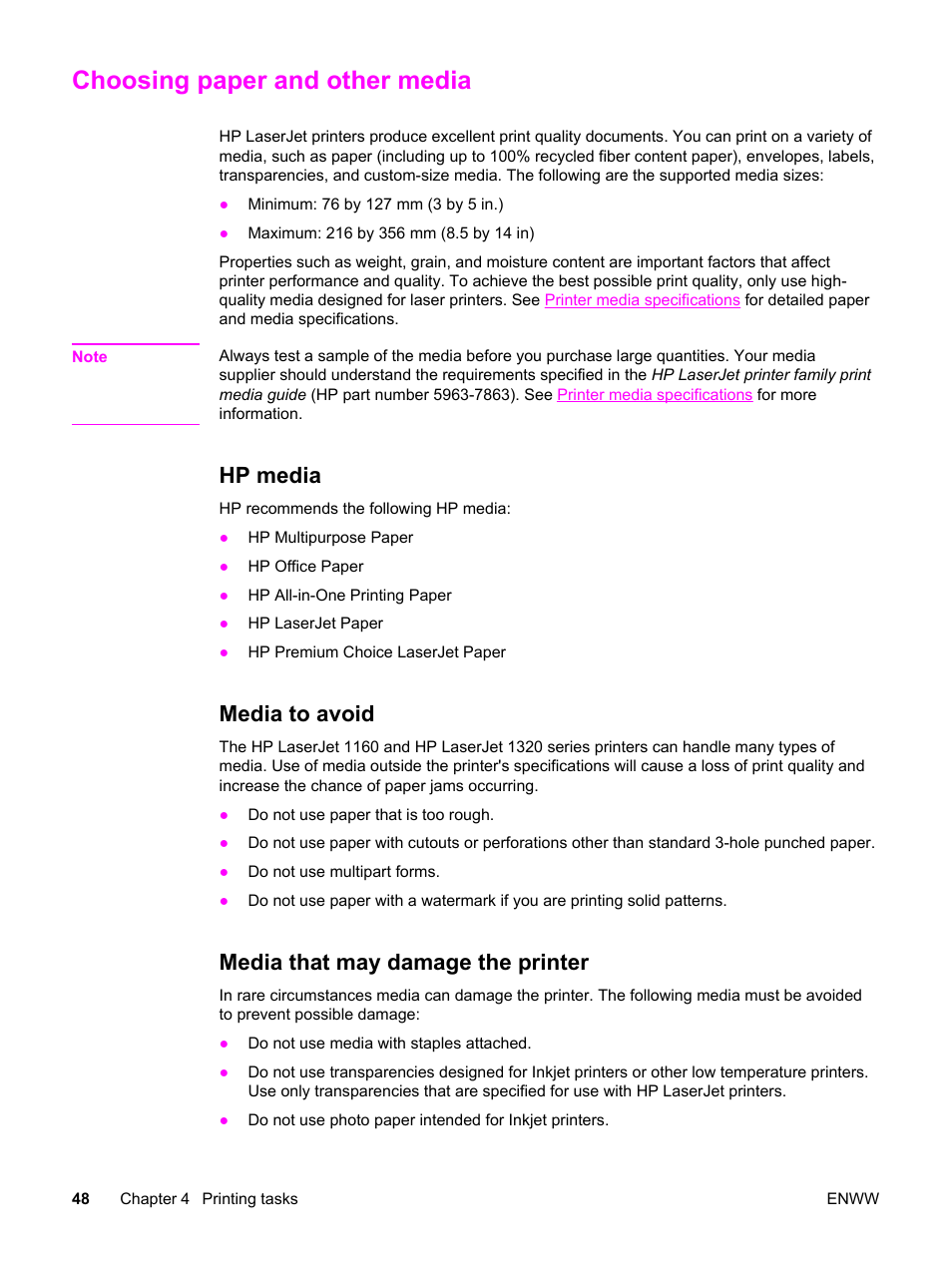Choosing paper and other media, Hp media, Media to avoid | Media that may damage the printer | HP LaserJet 1320 User Manual | Page 58 / 184