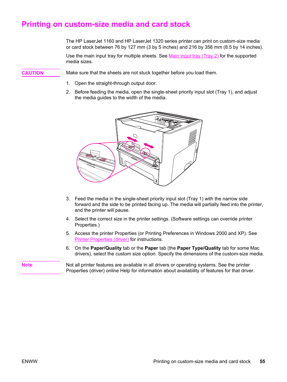 Printing on custom-size media and card stock | HP LaserJet 1320 User Manual | Page 65 / 184