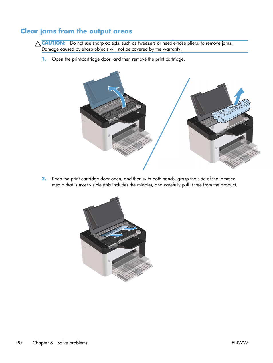 Clear jams from the output areas | HP Laserjet p1606dn User Manual | Page 102 / 152