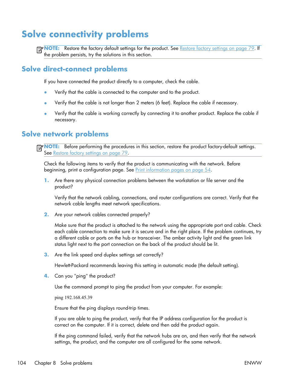 Solve connectivity problems, Solve direct-connect problems, Solve network problems | HP Laserjet p1606dn User Manual | Page 116 / 152