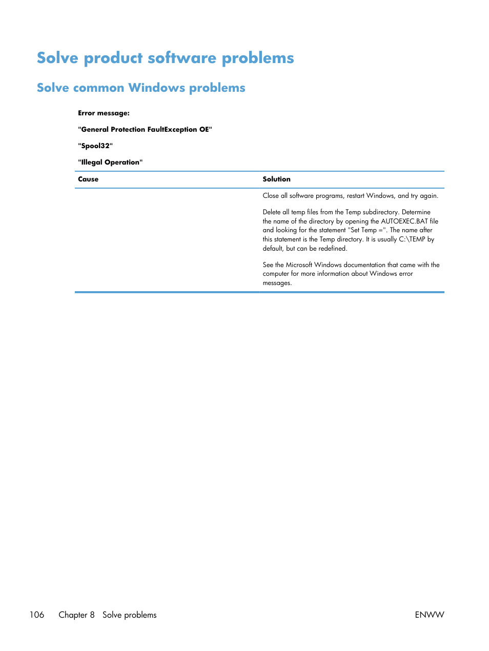 Solve product software problems, Solve common windows problems | HP Laserjet p1606dn User Manual | Page 118 / 152