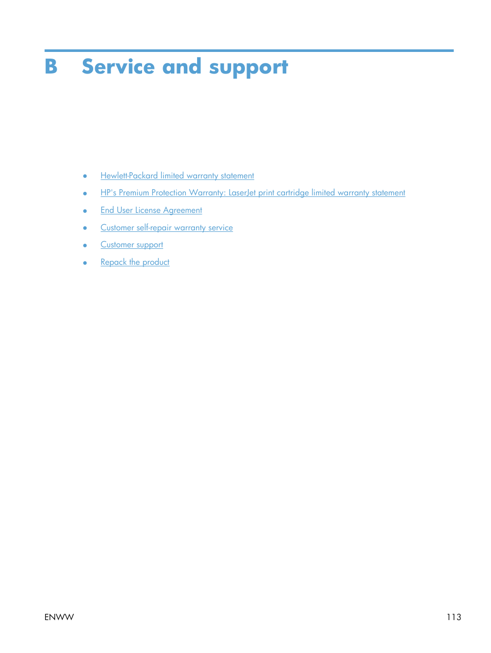 Service and support, Appendix b service and support, B service and support | HP Laserjet p1606dn User Manual | Page 125 / 152