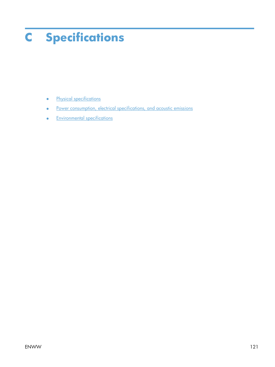 Specifications, Appendix c specifications, C specifications | HP Laserjet p1606dn User Manual | Page 133 / 152