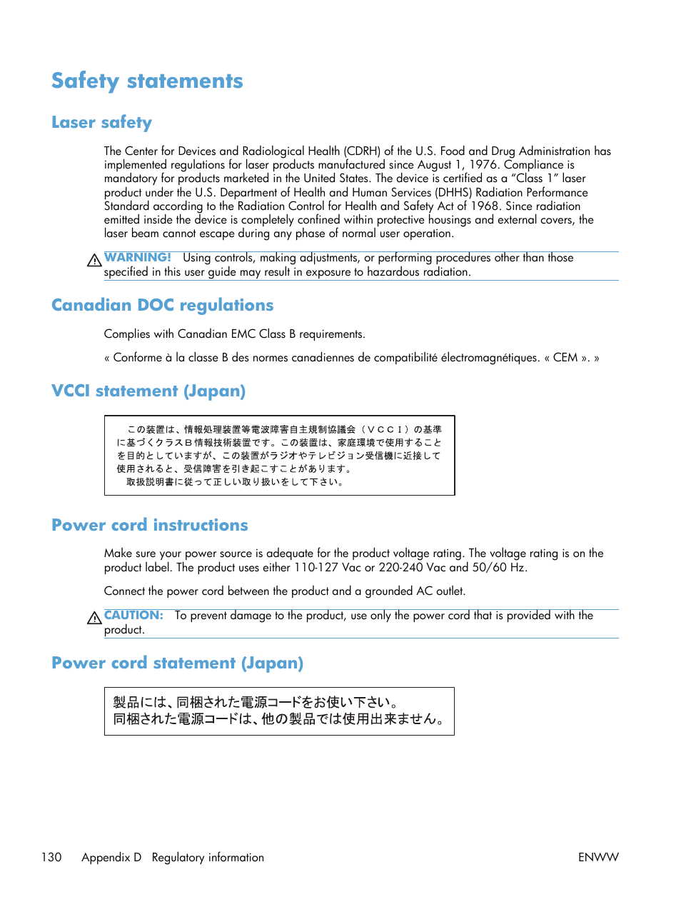 Safety statements, Laser safety, Canadian doc regulations | Vcci statement (japan), Power cord instructions, Power cord statement (japan), Vcci statement (japan) power cord instructions | HP Laserjet p1606dn User Manual | Page 142 / 152