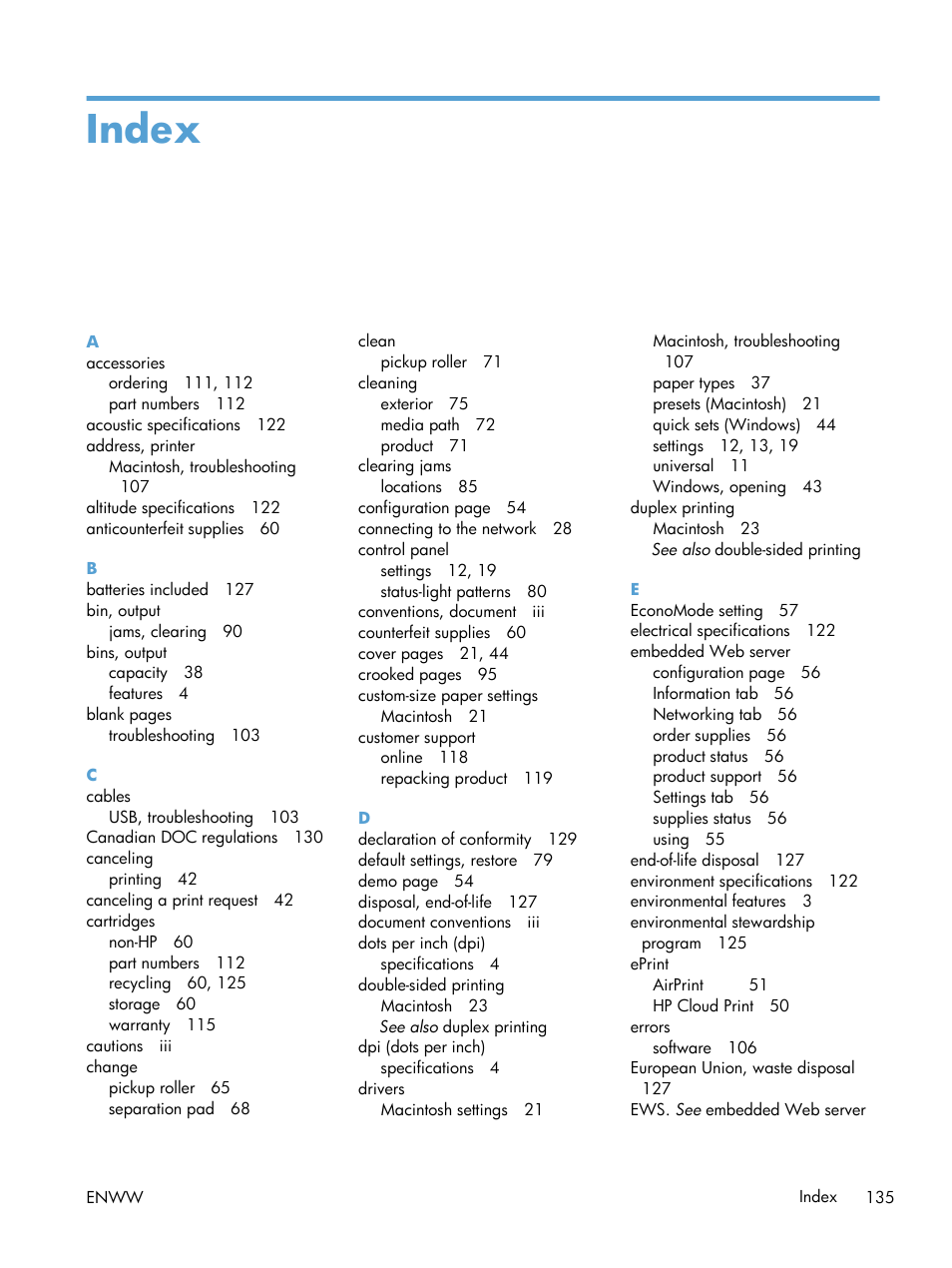 Index | HP Laserjet p1606dn User Manual | Page 147 / 152