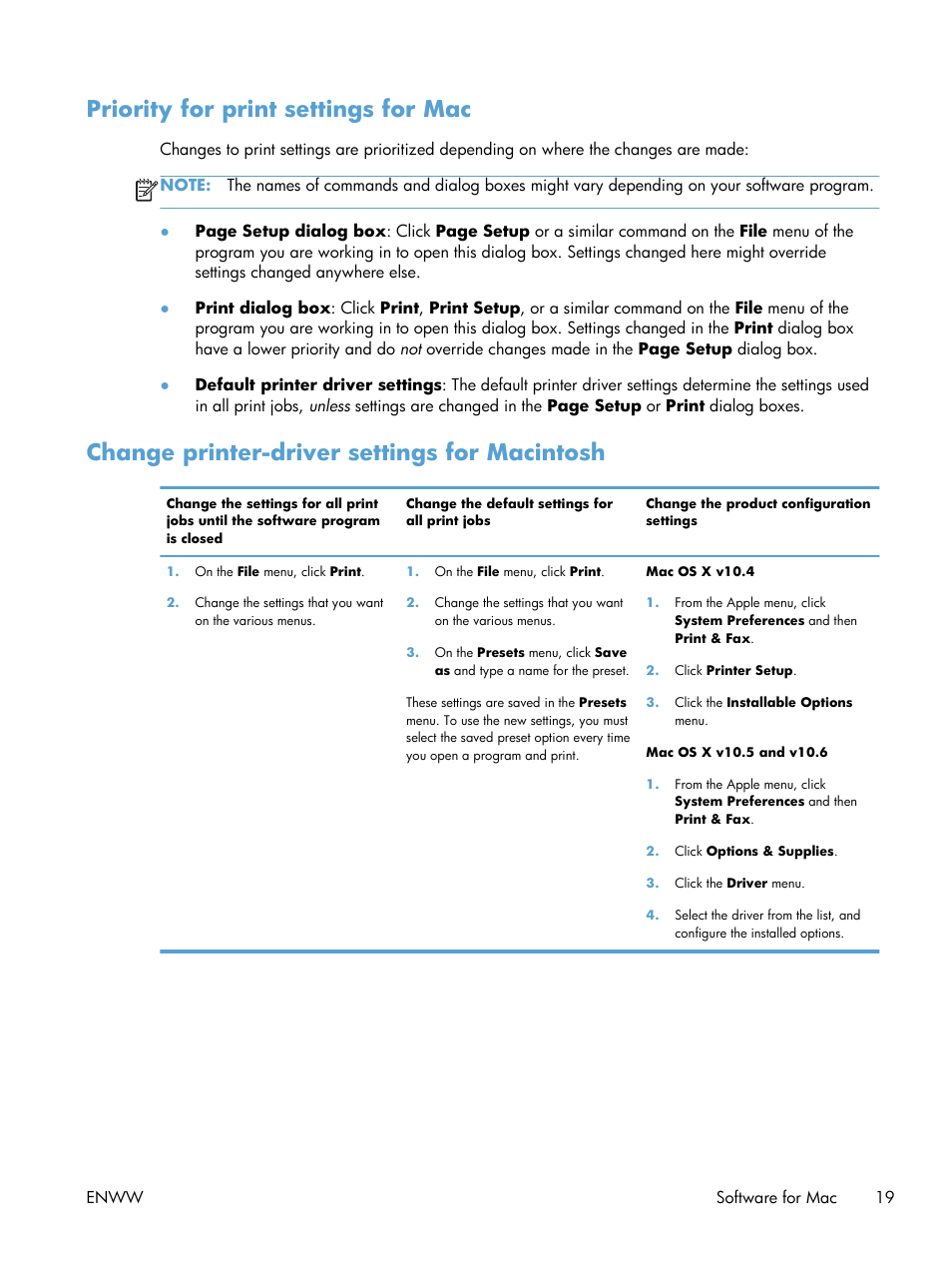 Priority for print settings for mac, Change printer-driver settings for macintosh | HP Laserjet p1606dn User Manual | Page 31 / 152