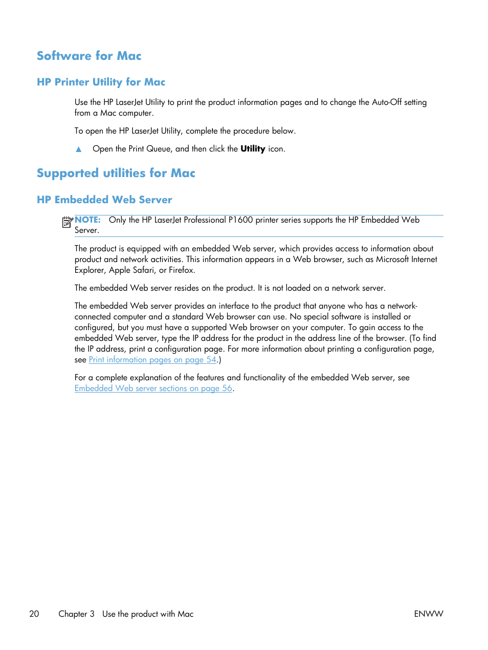 Software for mac, Hp printer utility for mac, Supported utilities for mac | Hp embedded web server | HP Laserjet p1606dn User Manual | Page 32 / 152