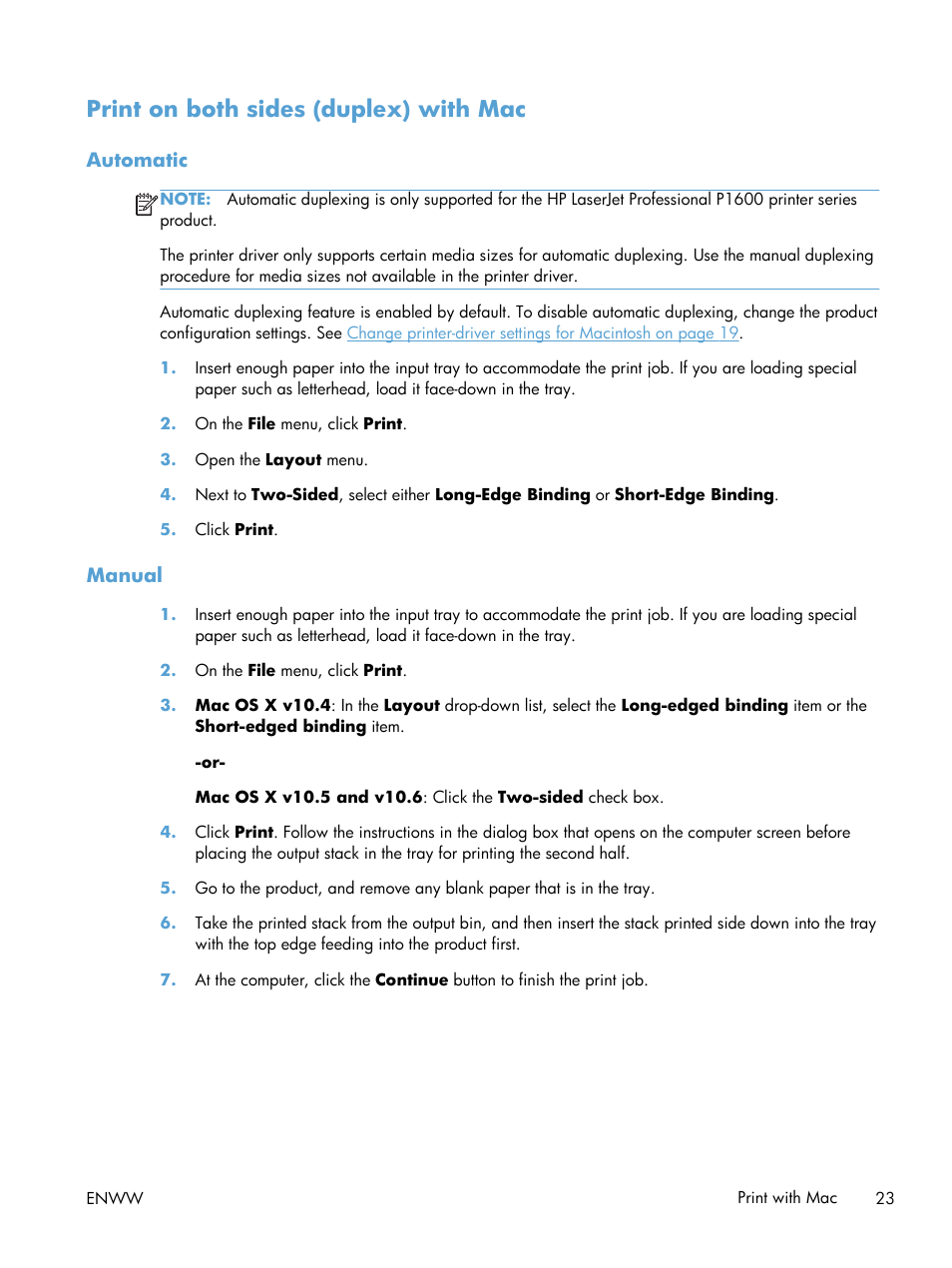 Print on both sides (duplex) with mac, Automatic, Manual | Automatic manual | HP Laserjet p1606dn User Manual | Page 35 / 152