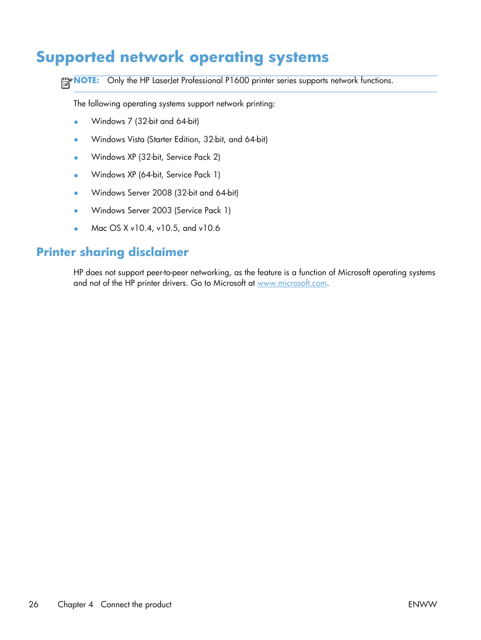 Supported network operating systems, Printer sharing disclaimer | HP Laserjet p1606dn User Manual | Page 38 / 152