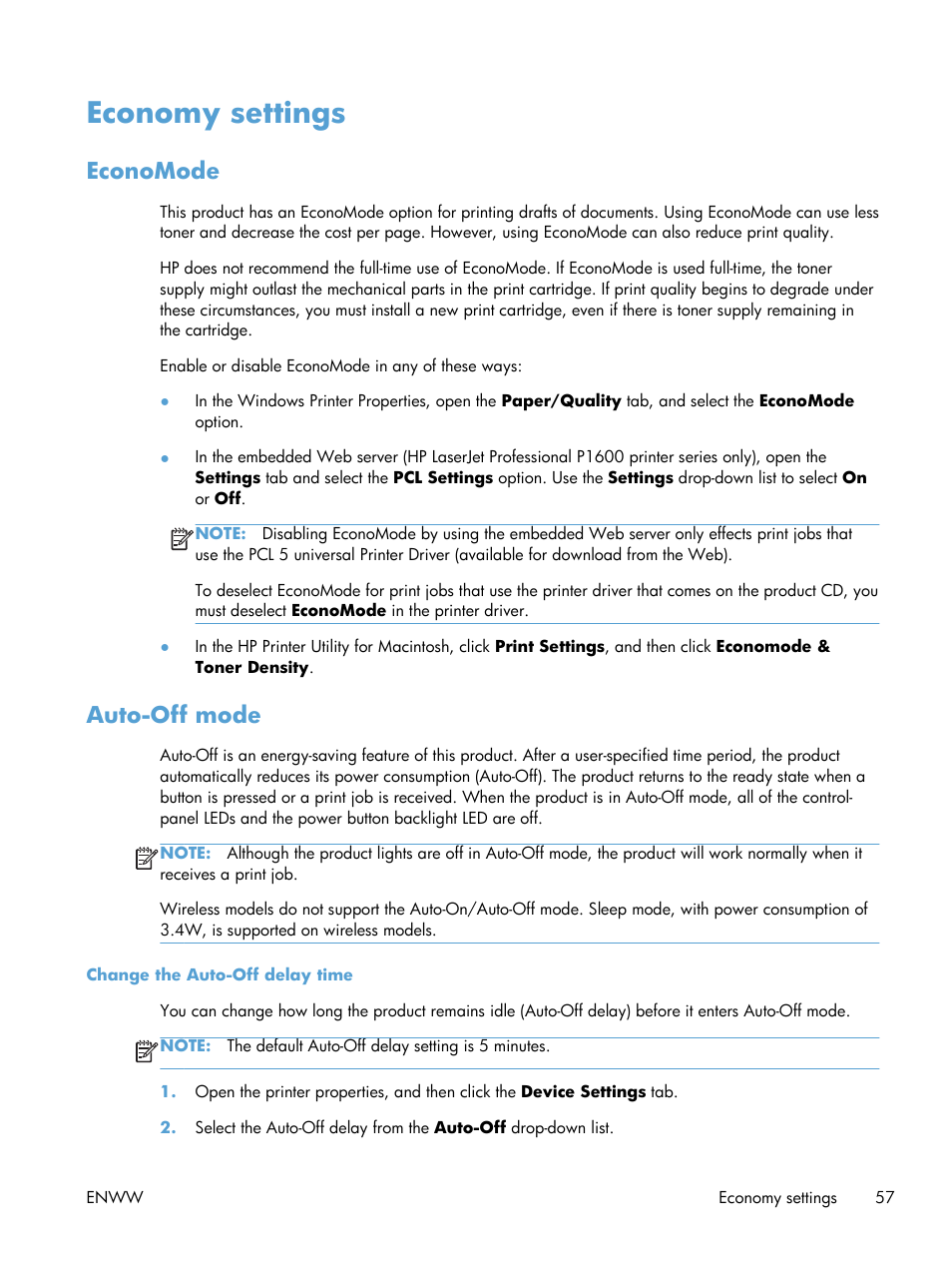 Economy settings, Economode, Auto-off mode | Economode auto-off mode | HP Laserjet p1606dn User Manual | Page 69 / 152