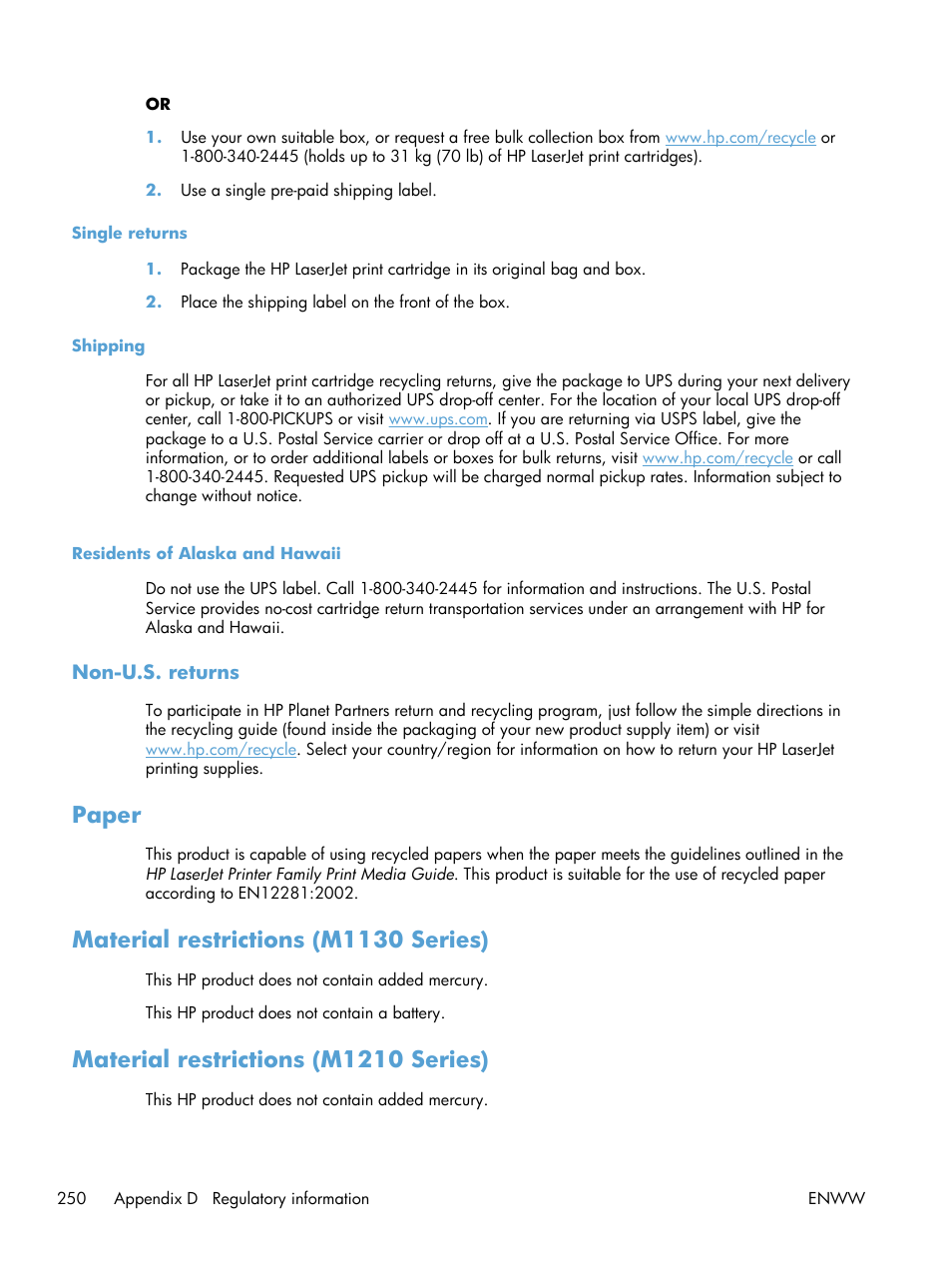 Single returns, Shipping, Residents of alaska and hawaii | Non-u.s. returns, Paper, Material restrictions (m1130 series), Material restrictions (m1210 series) | HP laserjet m1212nf User Manual | Page 264 / 284