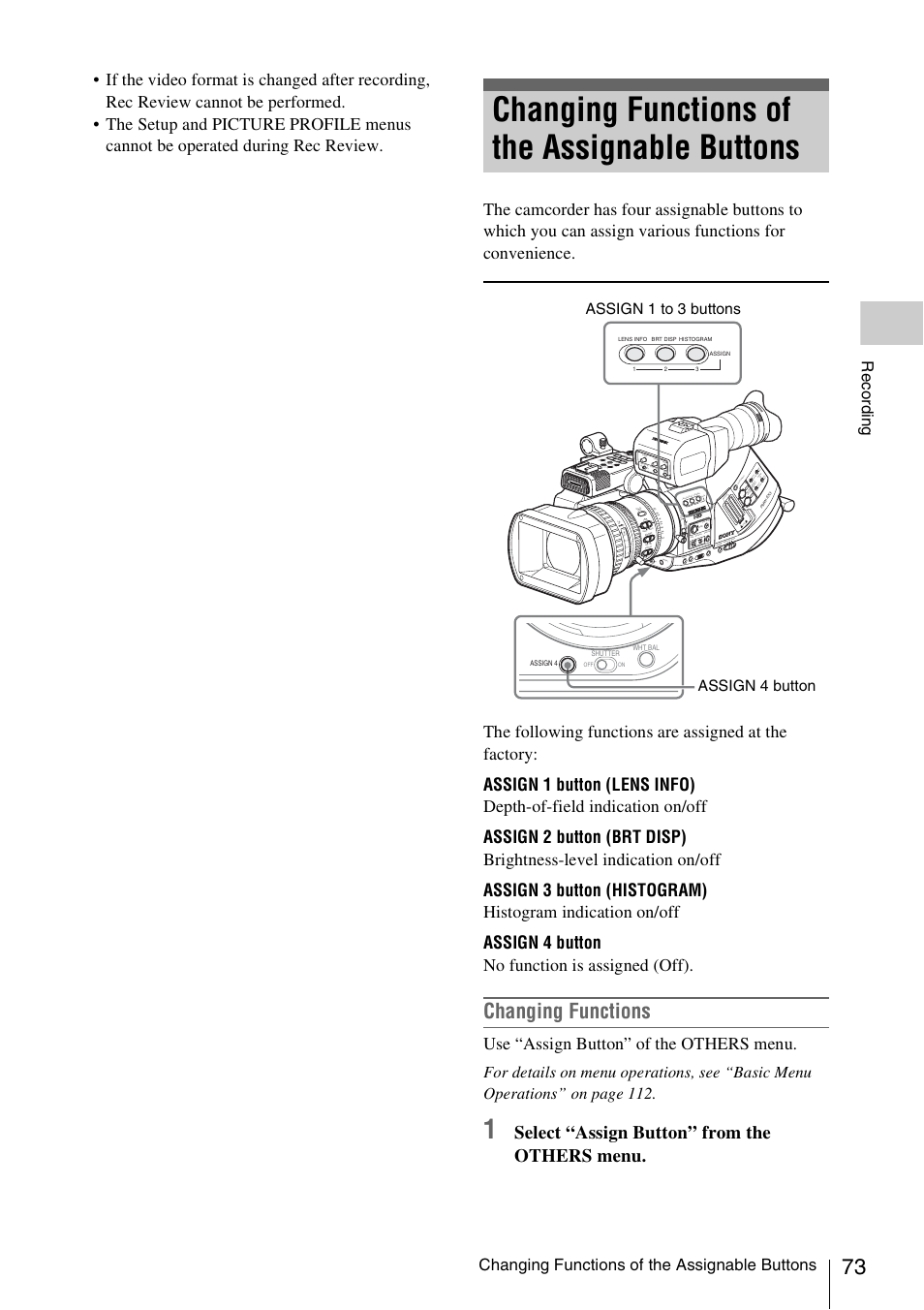 Changing functions of the assignable buttons, Changing functions, Select “assign button” from the others menu | Use “assign button” of the others menu | Sony PMW-EX3 User Manual | Page 73 / 162