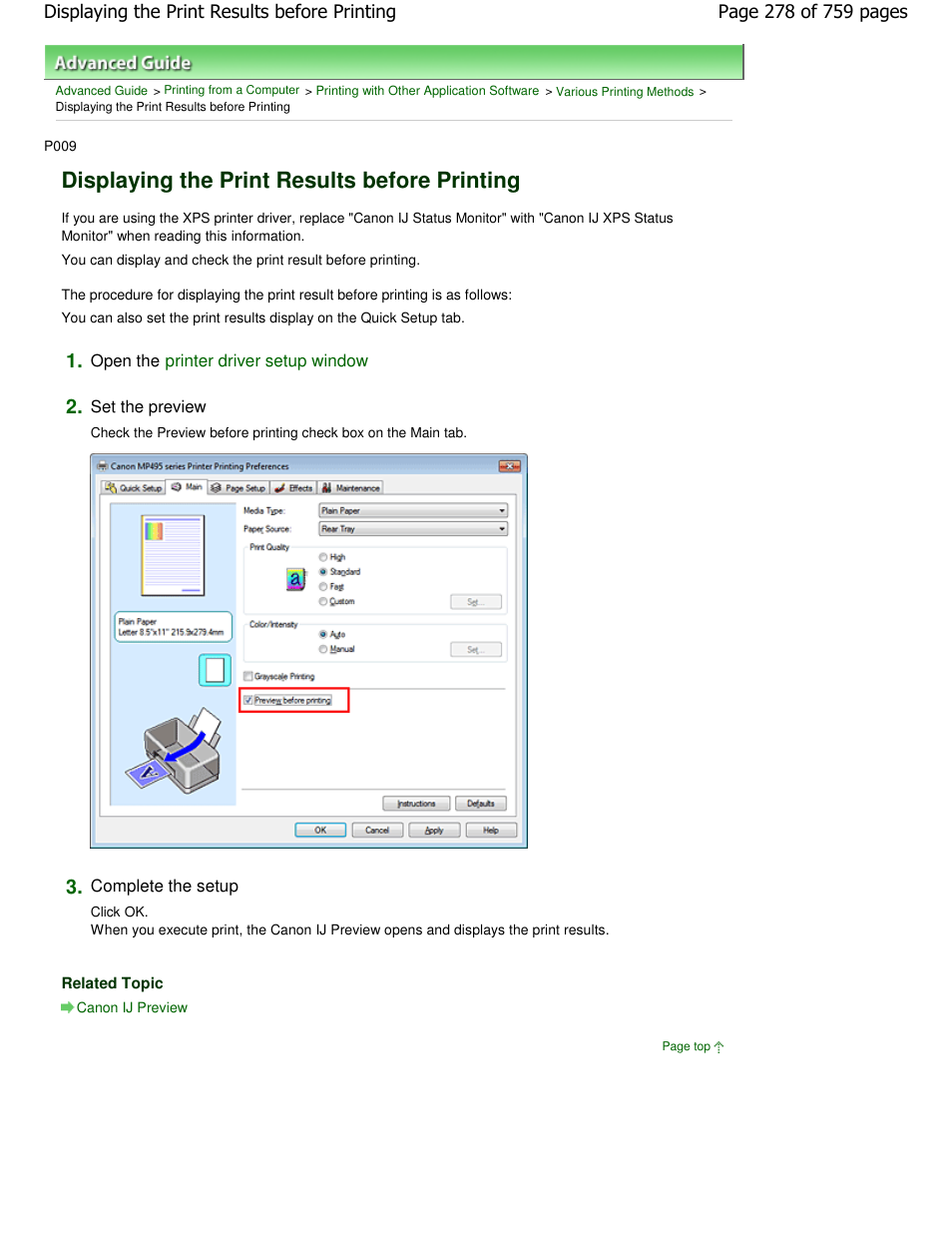 Displaying the print results before printing | Canon mp495 User Manual | Page 278 / 759