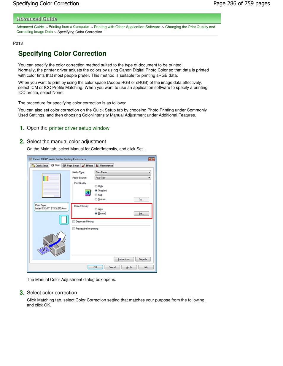 Specifying color correction | Canon mp495 User Manual | Page 286 / 759