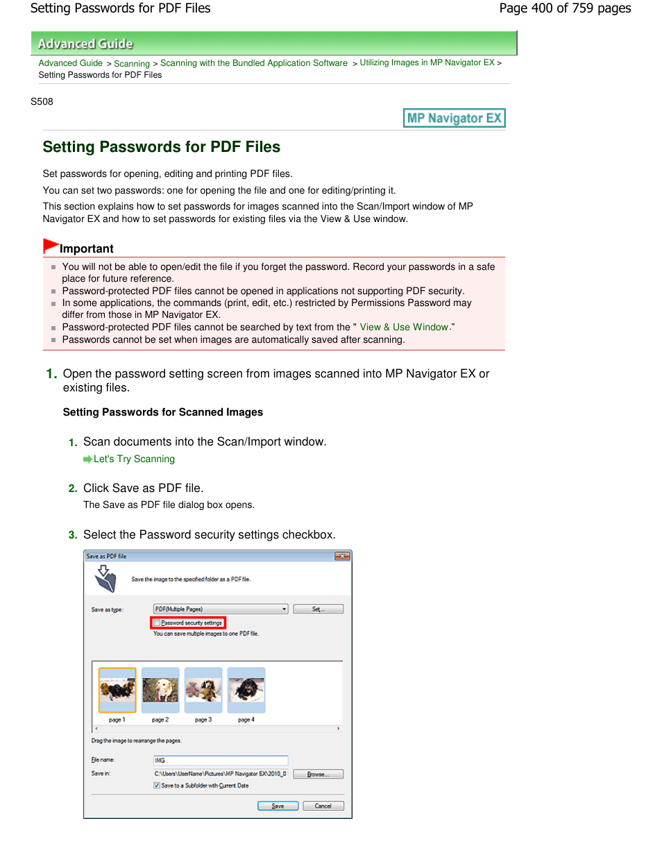 Setting passwords for pdf files | Canon mp495 User Manual | Page 400 / 759