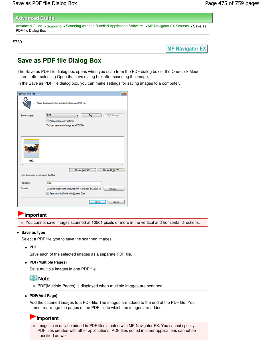 Save as pdf file dialog box | Canon mp495 User Manual | Page 475 / 759