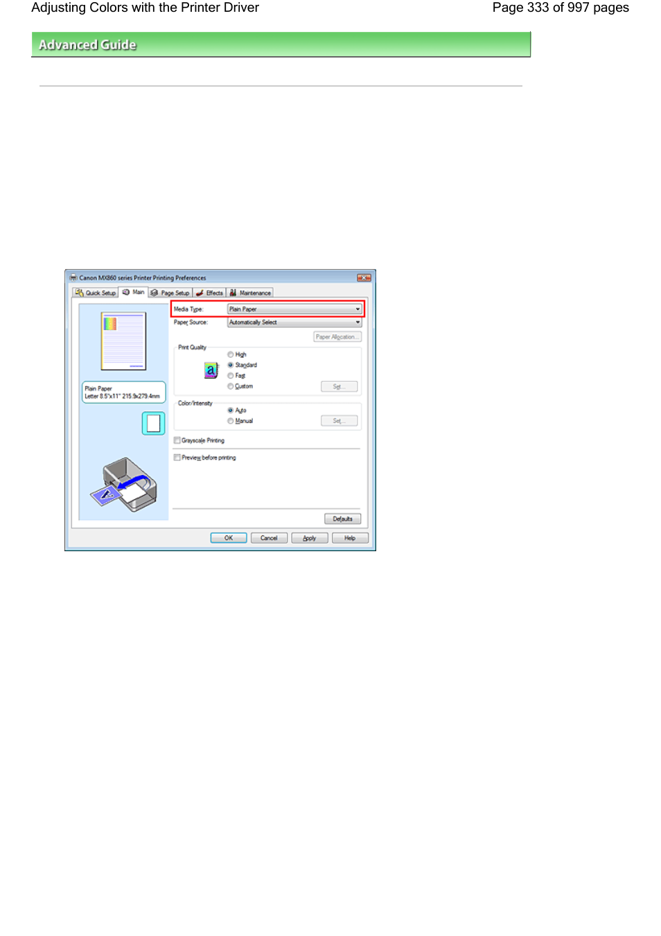 Adjusting colors with the printer driver | Canon mx860 User Manual | Page 333 / 997