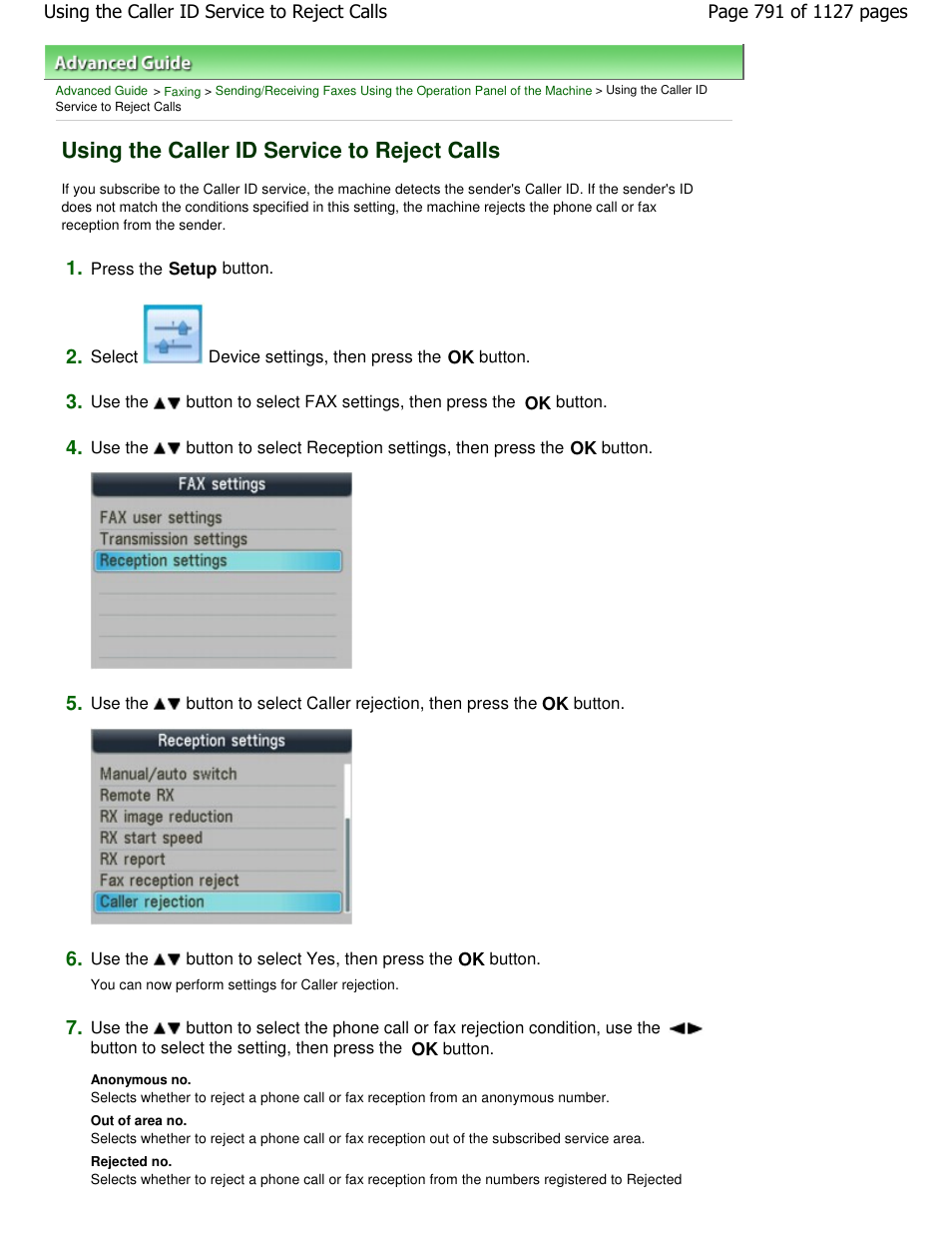 Using the caller id service to reject calls | Canon PIXMA MX870 User Manual | Page 791 / 1127