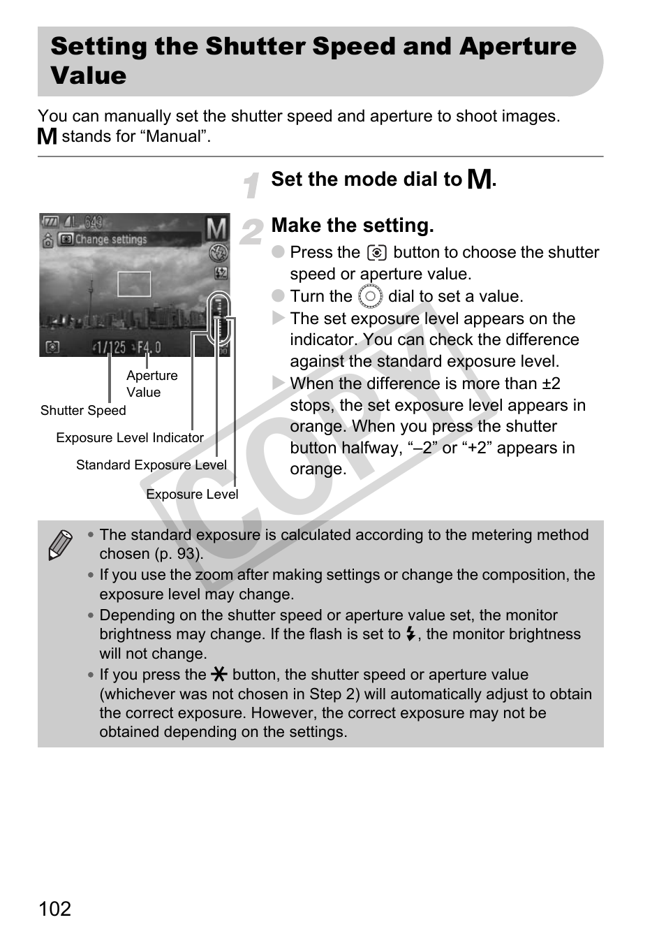 Setting the shutter speed and aperture value, P. 102), Co py | Canon PowerShot G11 User Manual | Page 102 / 196