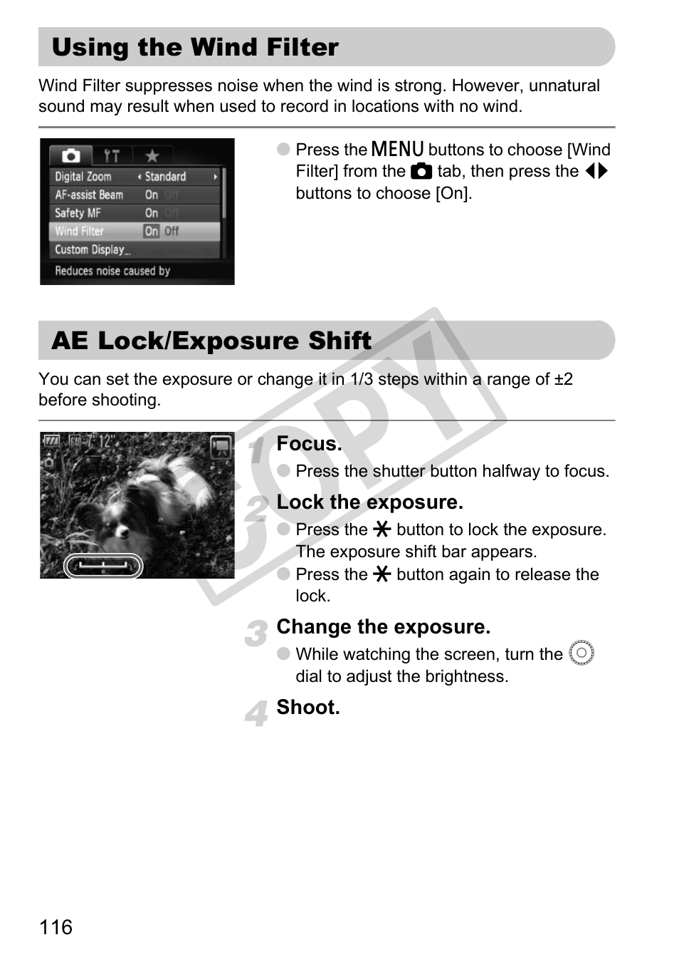 Using the wind filter ae lock/exposure shift, 116) / fe lock, Amount (p. 116 | Co py | Canon PowerShot G11 User Manual | Page 116 / 196