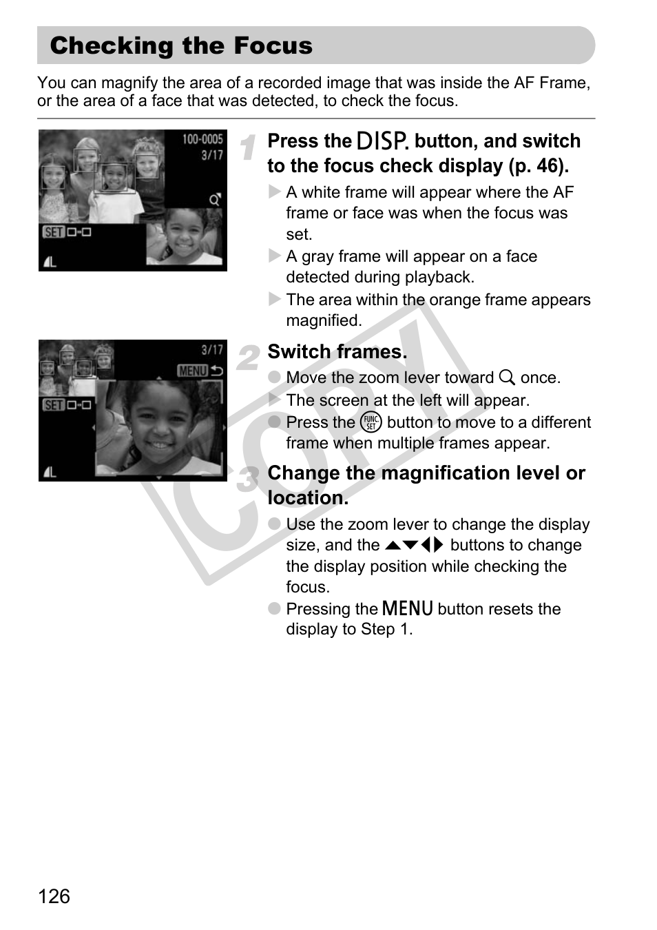 Checking the focus, Lay (p. 126, Co py | Canon PowerShot G11 User Manual | Page 126 / 196