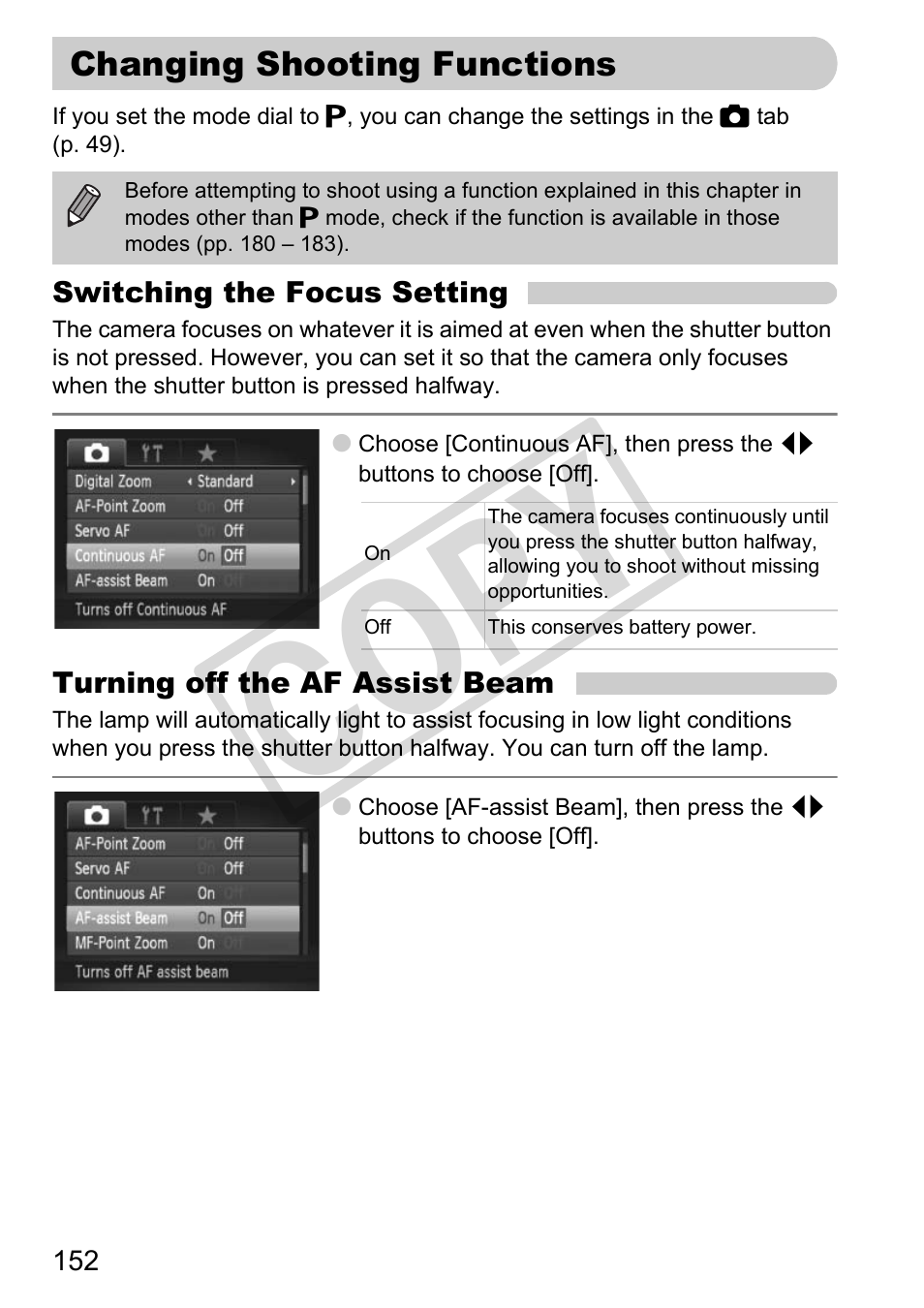 Changing shooting functions, Assist beam (p. 152), Turning off the af assist beam (p. 152) | Co py | Canon PowerShot G11 User Manual | Page 152 / 196