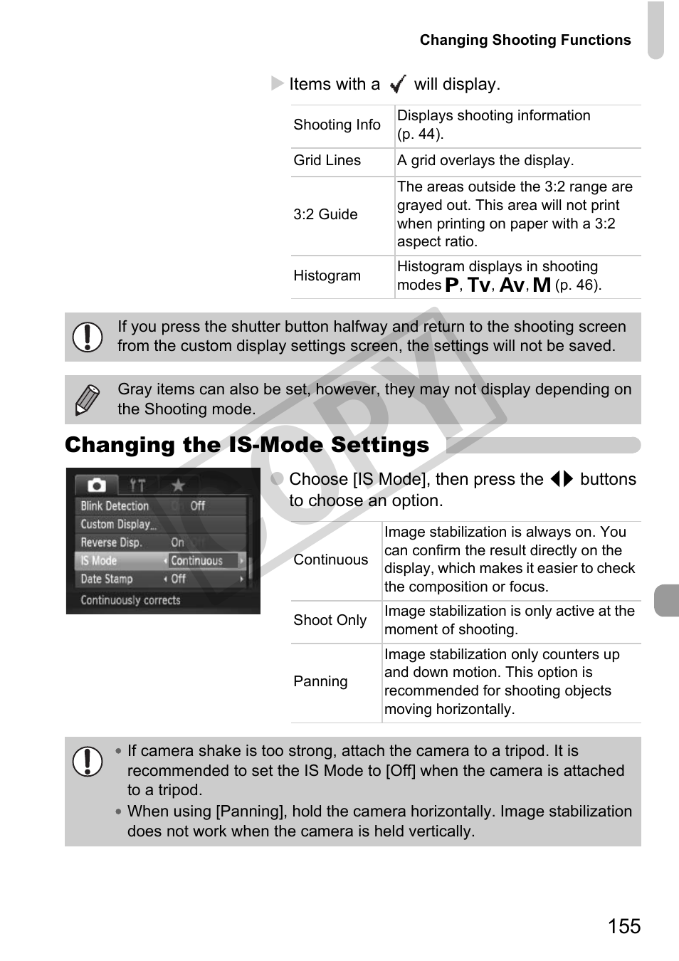 Ge stabilizer (p. 155), Changing the is-mode settings (p. 155), Co py | Canon PowerShot G11 User Manual | Page 155 / 196