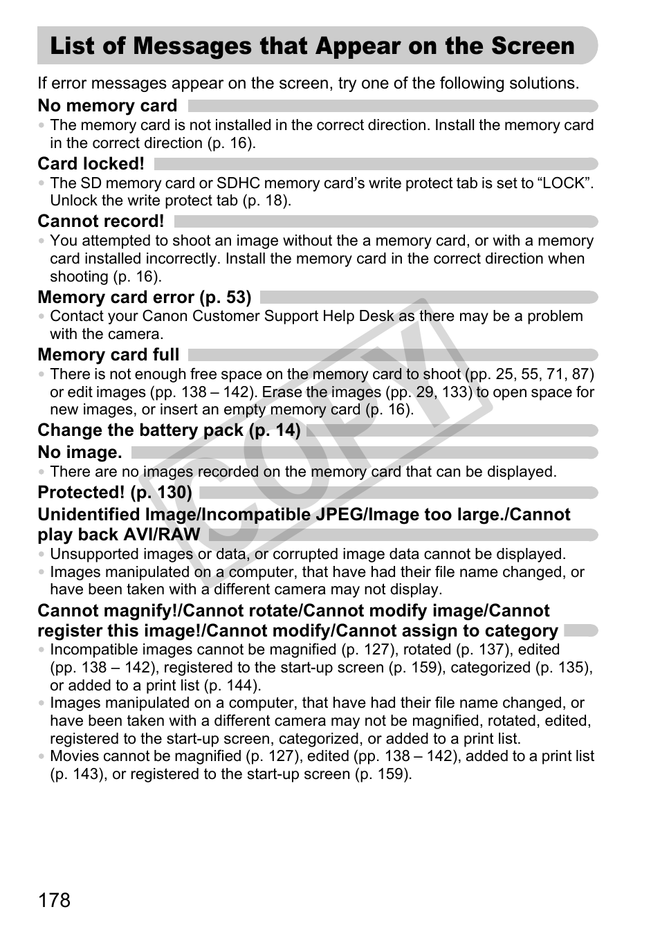List of messages that appear on the screen, Co p y | Canon PowerShot G11 User Manual | Page 178 / 196