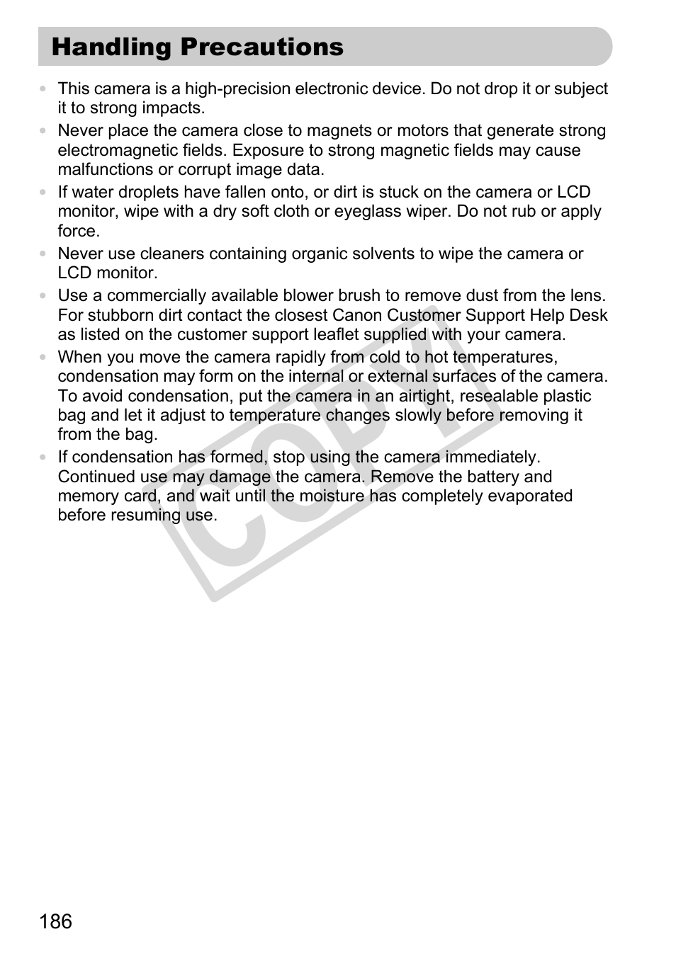 Handling precautions, Co py | Canon PowerShot G11 User Manual | Page 186 / 196