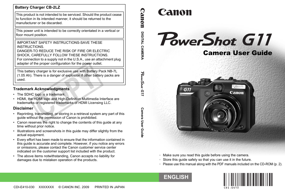 Co py, Camera user guide, English | Canon PowerShot G11 User Manual | Page 196 / 196