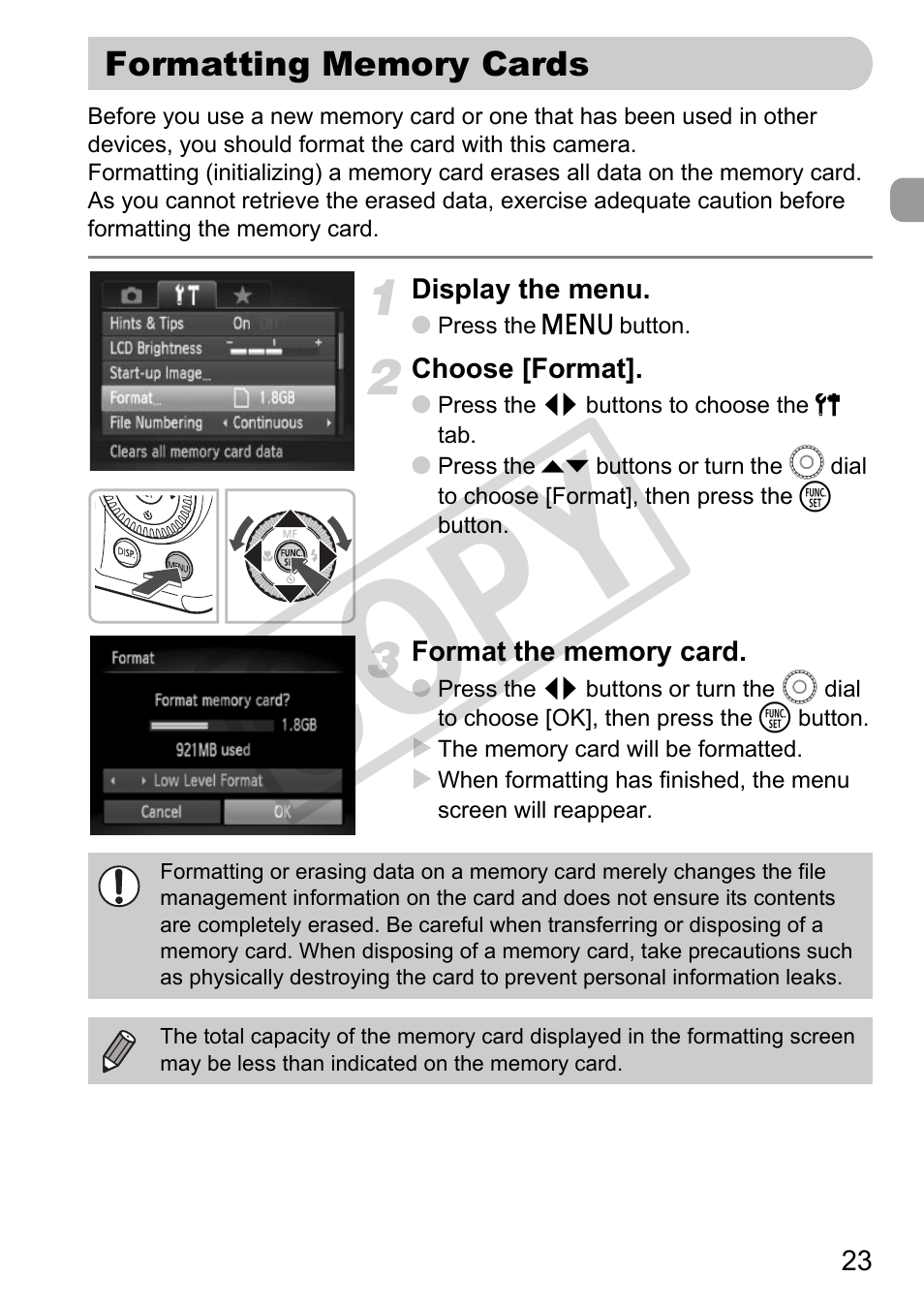 Formatting memory cards, Co py | Canon PowerShot G11 User Manual | Page 23 / 196