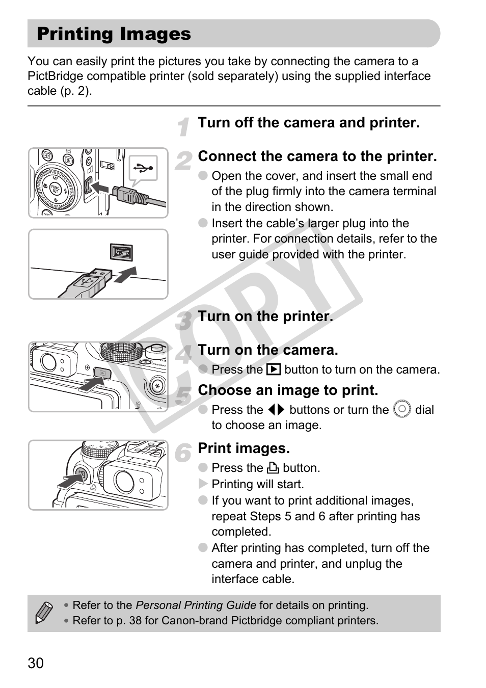 Printing images, Co py | Canon PowerShot G11 User Manual | Page 30 / 196