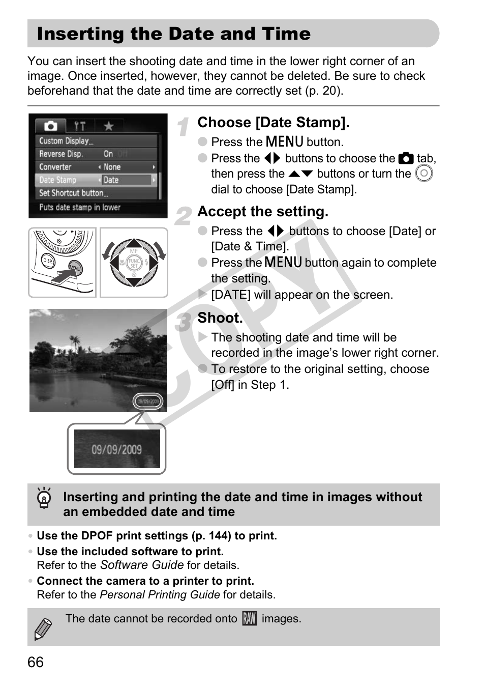 Inserting the date and time, P (p. 66), E stamp (p. 66) | Co py | Canon PowerShot G11 User Manual | Page 66 / 196